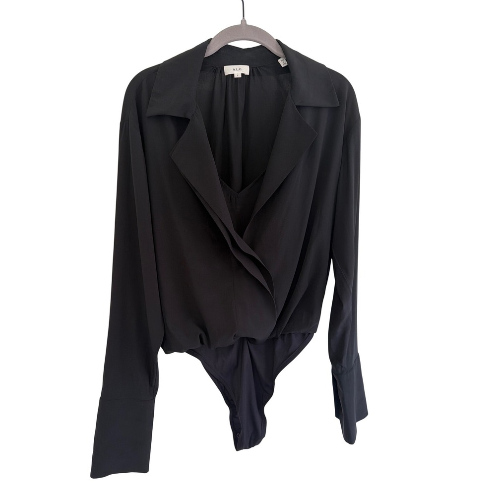 A.L.C. Black Silk Wrap Bodysuit Long Sleeve Blouse Top Size 8 Minimalist
